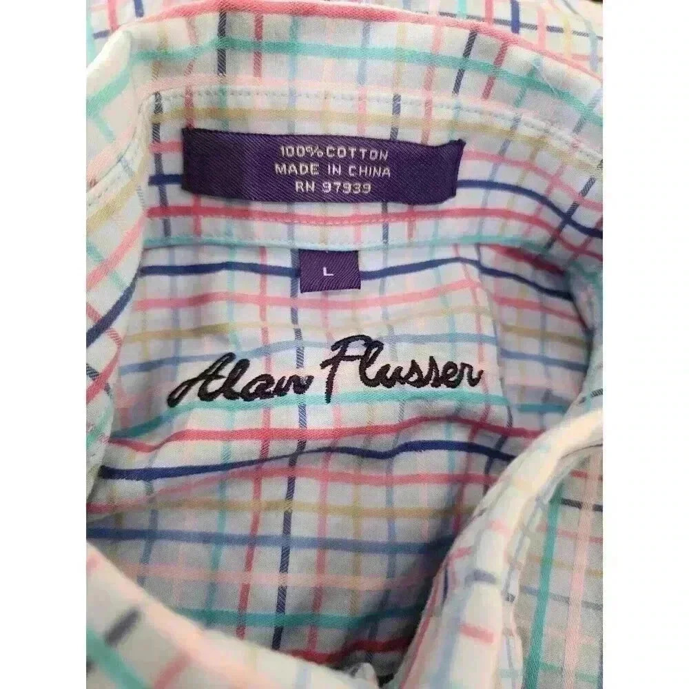 Alan Flusser Shirt Mens Large Blue Pink Green Colors Button Up Cotton Preppy - Picture 4 of 6